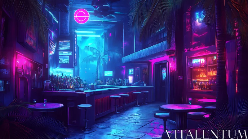 Neon-soaked tropical bar interior under cyberpunk glow.