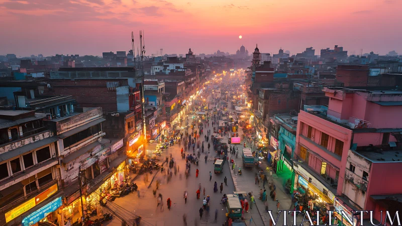 Sunset market boulevard glowing with evening city life.
