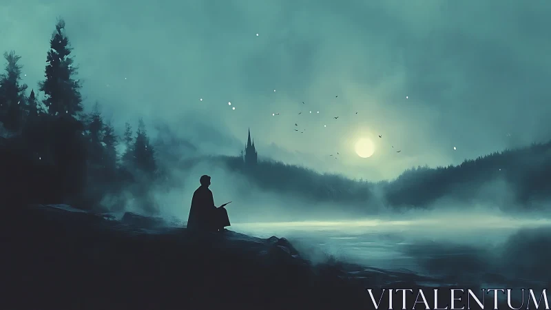 Quiet moonlit wanderer resting beside a misty forest lake.