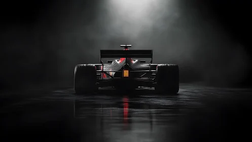Rear-illuminated Formula race car in cinematic fog on wet track