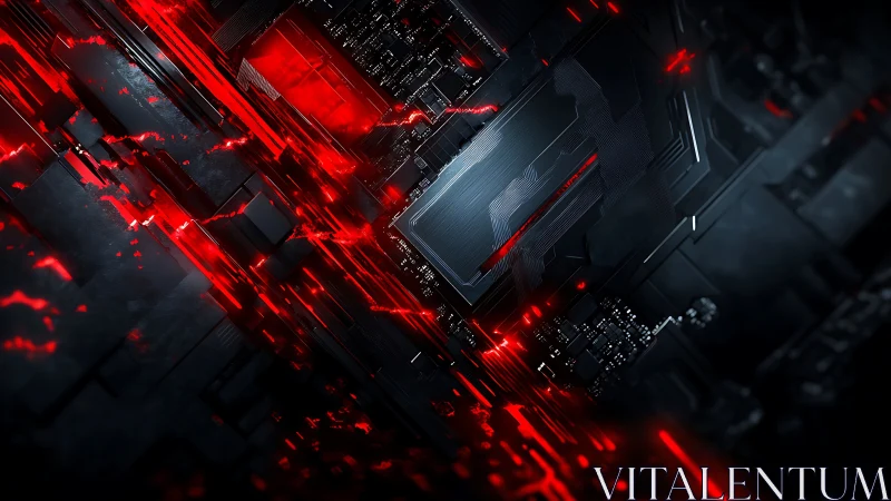 Futuristic black circuit board with red digital energy lines.