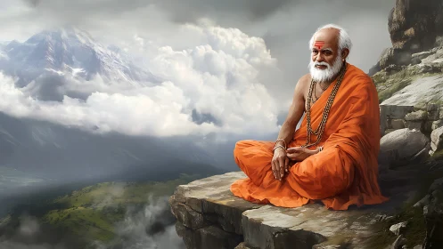 Meditative sage contemplates misty mountains above green valley