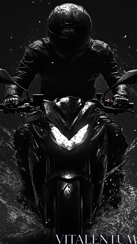 Motorcyclist charges through water in dramatic noir lighting.