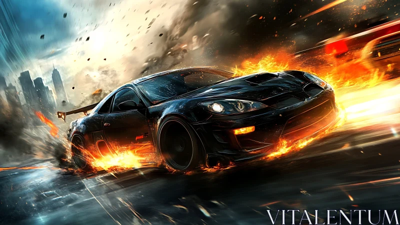 Black race car drifts through fire and debris at speed.