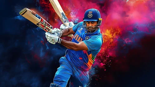 Digital painting of dynamic cricket batsman with neon splash background.