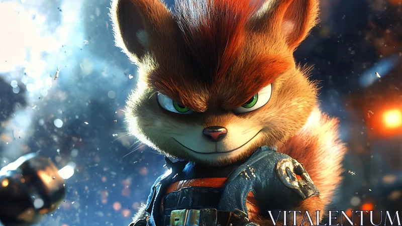 Rebel space-fox hero grinning through star-scorched chaos.