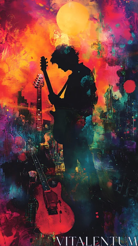 Silhouetted guitarist under blazing neon sunset sky.