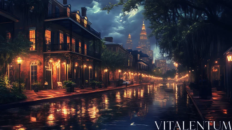 Rainy night street with warm lights and distant skyline.
