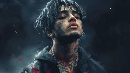 Brooding tattooed dreamer in rain-soaked midnight calm.