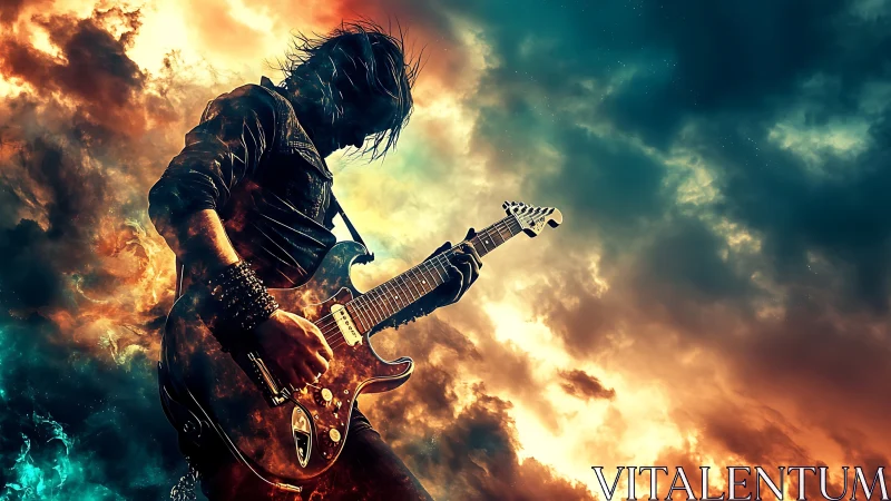 Silhouetted electric guitarist against turbulent sky backdrop.
