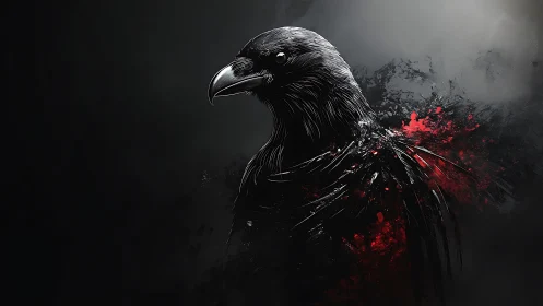 Midnight raven rising through shadows and embers.