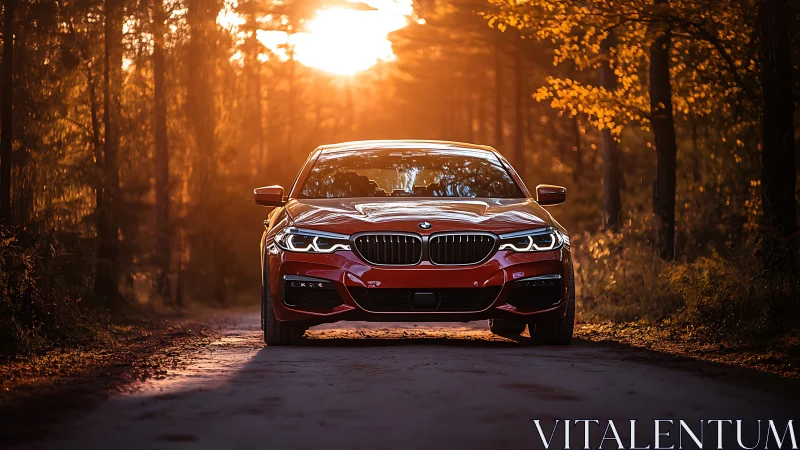 Sunlit red sedan welcomes a calm drive through golden forest roads