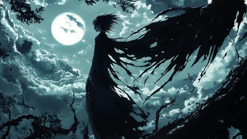 Dark figure with tattered cloak stands beneath luminous moon