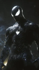 Black muscular symbiote figure stands in dramatic light