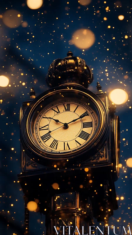 Illuminated vintage street clock glowing at night sky