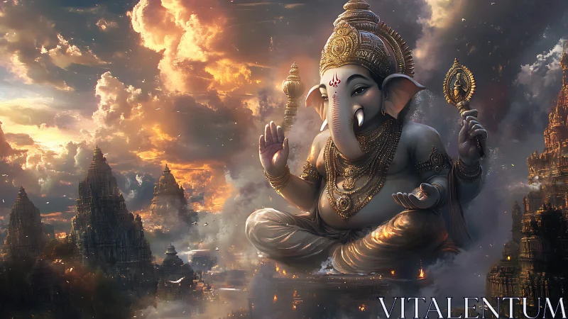 Majestic Ganesha above celestial temples at sunset.