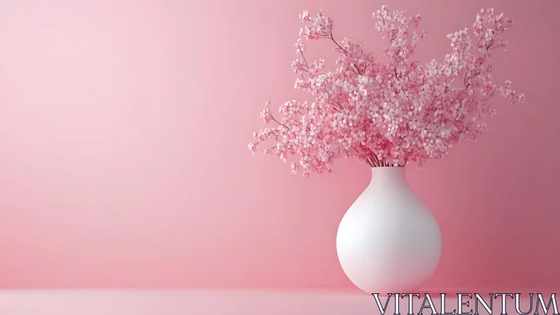 White ceramic vase with pink filler flowers against gradient pink background.