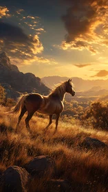 Horse stands in sunlit field before distant mountain range