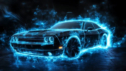 Electric blue muscle car surrounded by neon plasma flames.