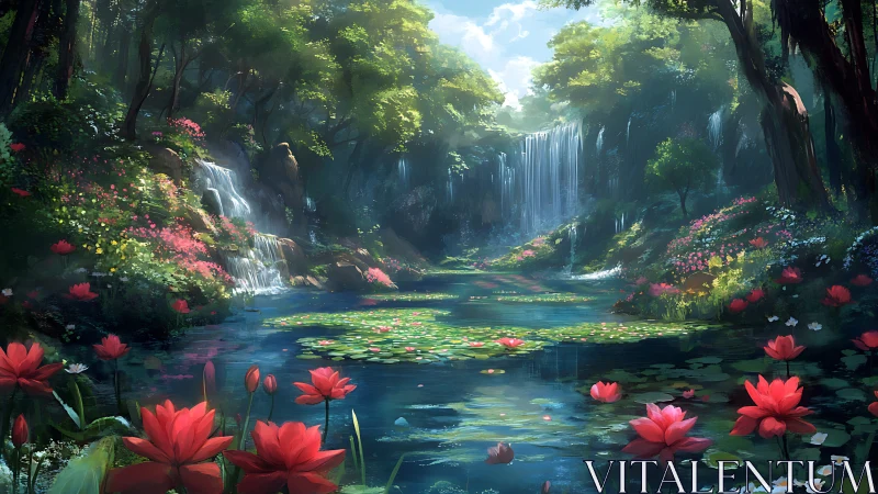 Digital painting of lotus valley waterfall with luminous flora.