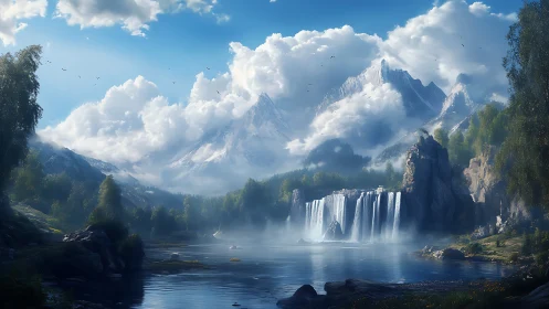 Sky-brushed peaks and whispering waterfall in dreamlight.