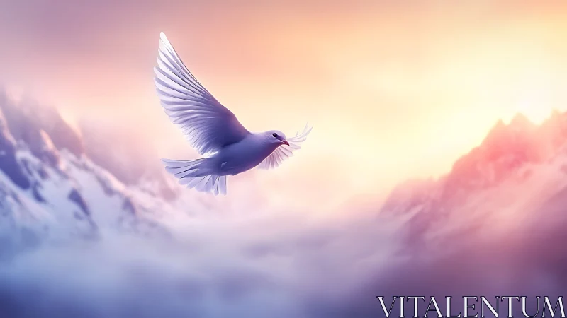 High-key white dove rendered against defocused alpine sunrise sky