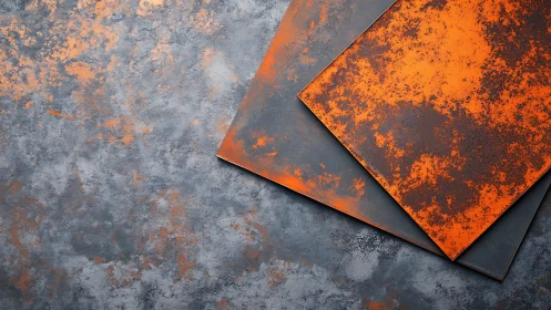 Rust-textured orange metal sheets overlap on gray surface.