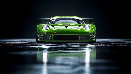 Neon green track predator glaring across wet midnight asphalt.