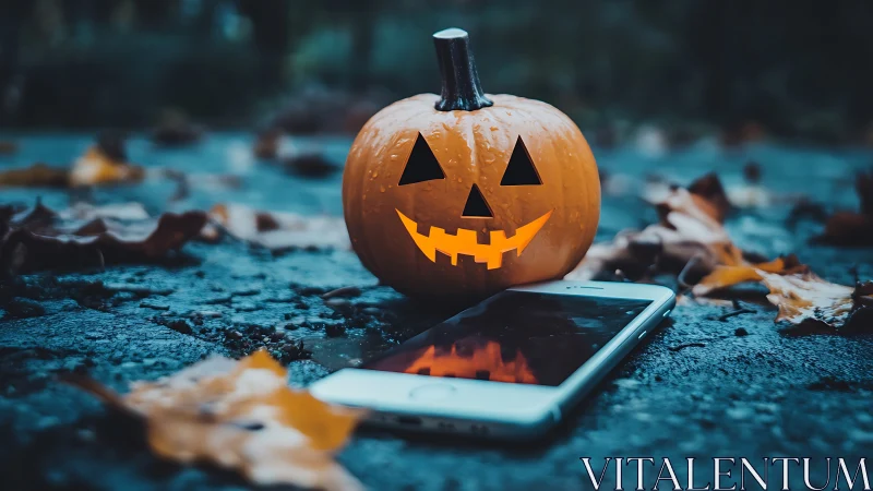 Illuminated jack-o-lantern and smartphone on wet asphalt surface.