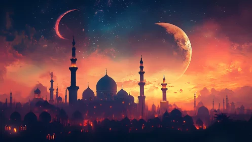 Celestial skyline over domed fantasy city at dusk.