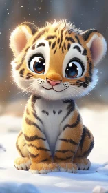 Snowy baby tiger portrait with luminous cartoon eyes.
