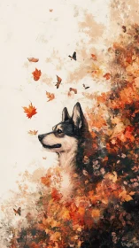 Husky emerges from swirling autumn leaves and butterflies