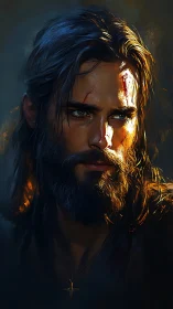 Wounded warrior’s solemn gaze burns through dramatic shadows