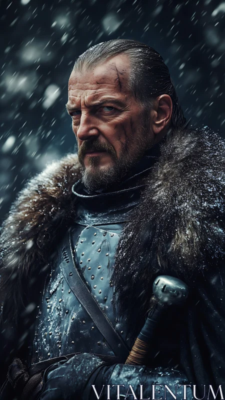 Weather-beaten warlord glares through the storm’s white curtain