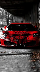 Red sports car with black splatter graphics under bridge.