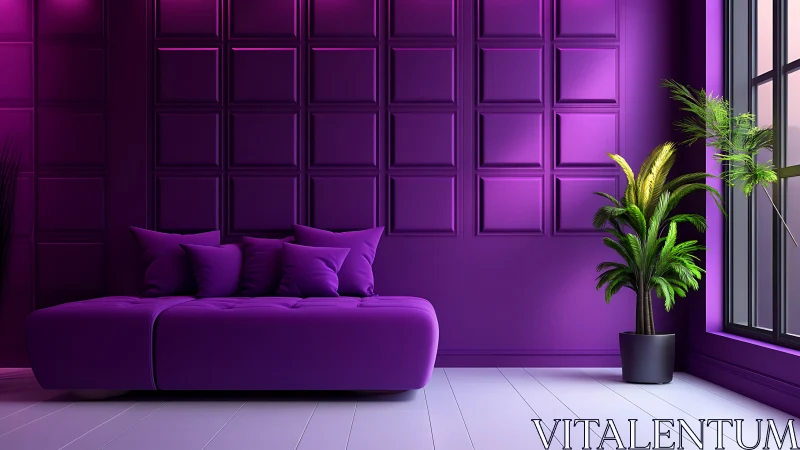 Violet lounge interior with tufted sofa, paneled wall and plant