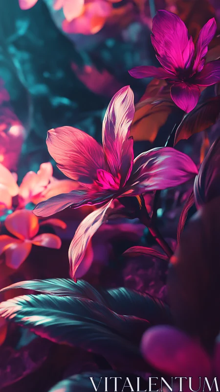 Neon-lit flowers with vibrant pink and cyan color cast.