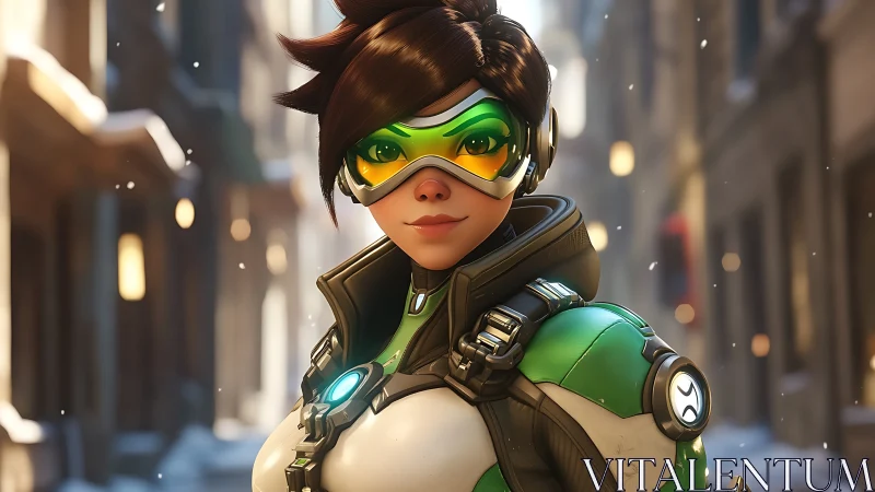 3D hero portrait in snowy urban alley with dynamic focus.