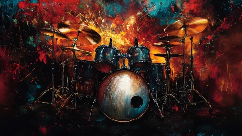 Drum kit rendered against explosive abstract chromatic backdrop