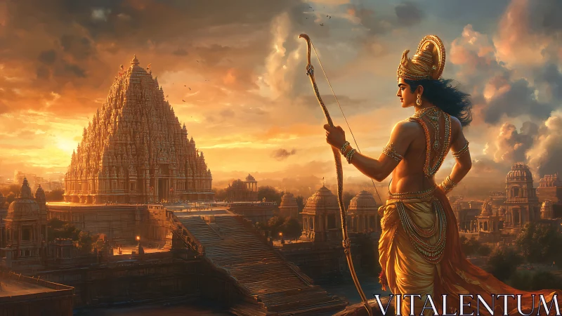 Heroic archer gazes over a glowing golden temple city.