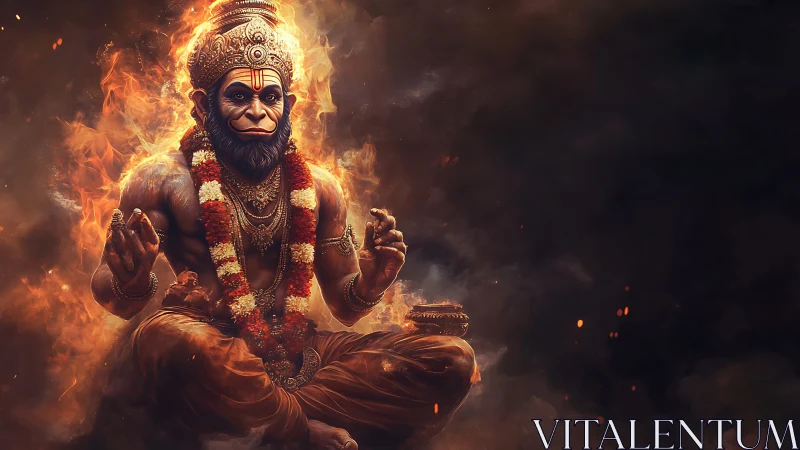 Fiery meditative Hanuman radiates power and divine serenity.