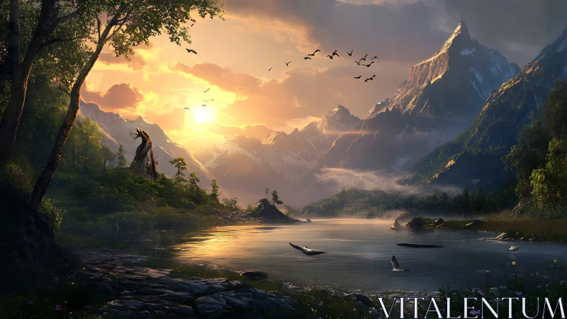 Sunlit alpine lake with soaring birds in misty mountains.