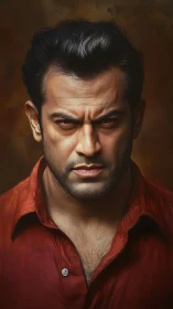 Hyperreal digital portrait of stern male subject in red shirt.