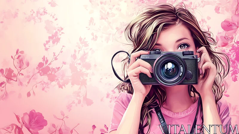 Optical portrait study of girl with DSLR amid pink florals.