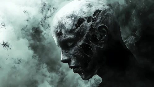 Silent stone dreamer in drifting smoke and gentle ruin.