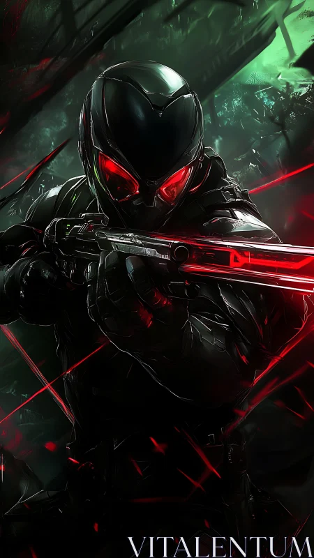 Tactical exosuit sniper with red visor illumination in combat