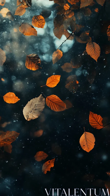 Golden autumn leaves drifting softly through twilight air.