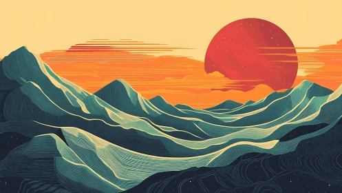 Abstract teal mountains under stylized scarlet solar disc.