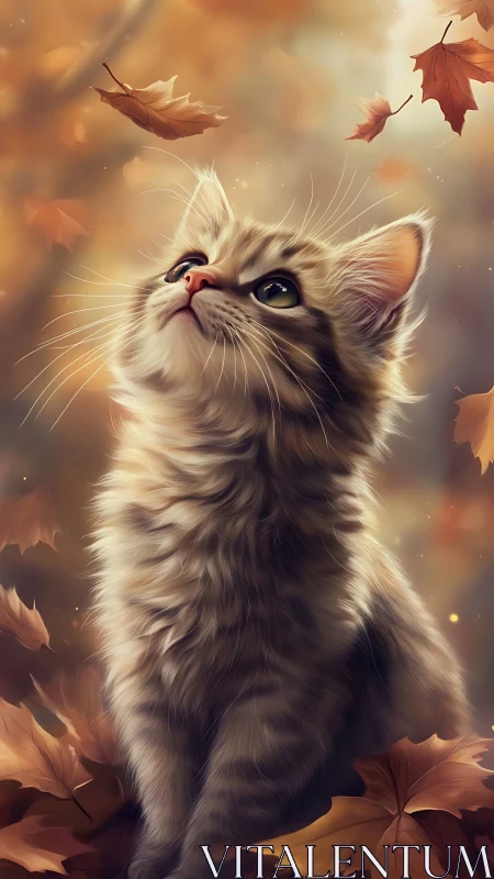 Curious Kitten Watching Autumn Leaves Fall.