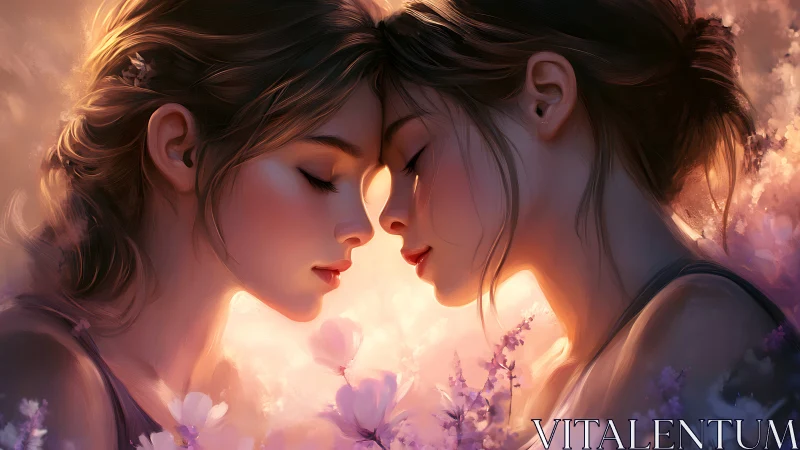 Two figures in profile within luminous floral environment